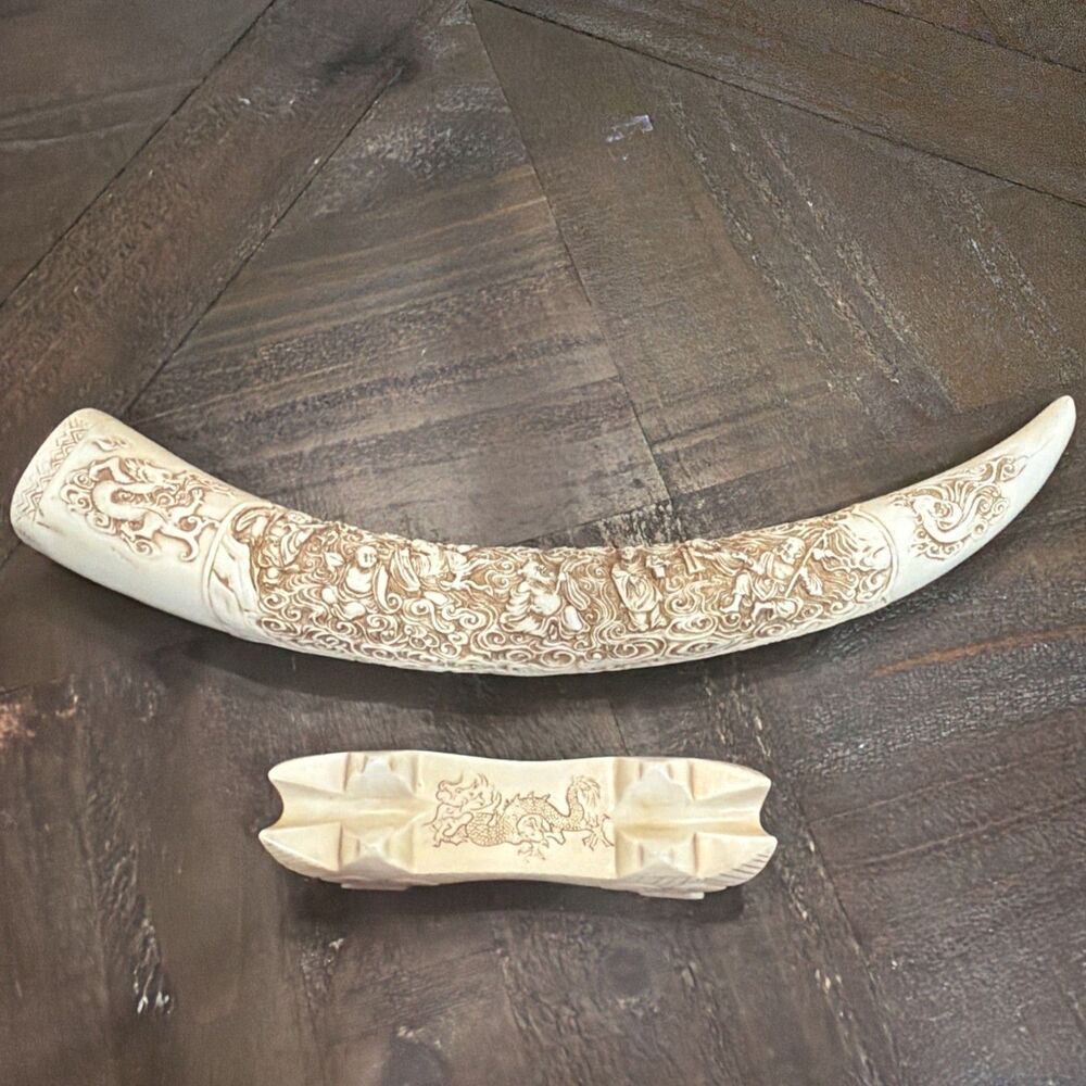 Japanese Scene Carved Resin Tusk & Stand Faux Scrimshaw Buddha Dragons stamped